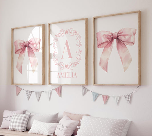 Pink Bow Wall Art Set - Personalized